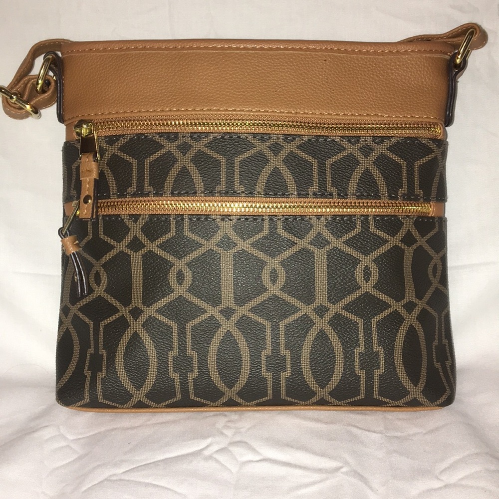 Designer brown and tan faux leather shoulder bag